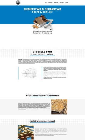 Strona internetowa firmy ciesielskiej i dekarskiej, z niebieskim nagłówkiem i wizualizacją domu na planach.