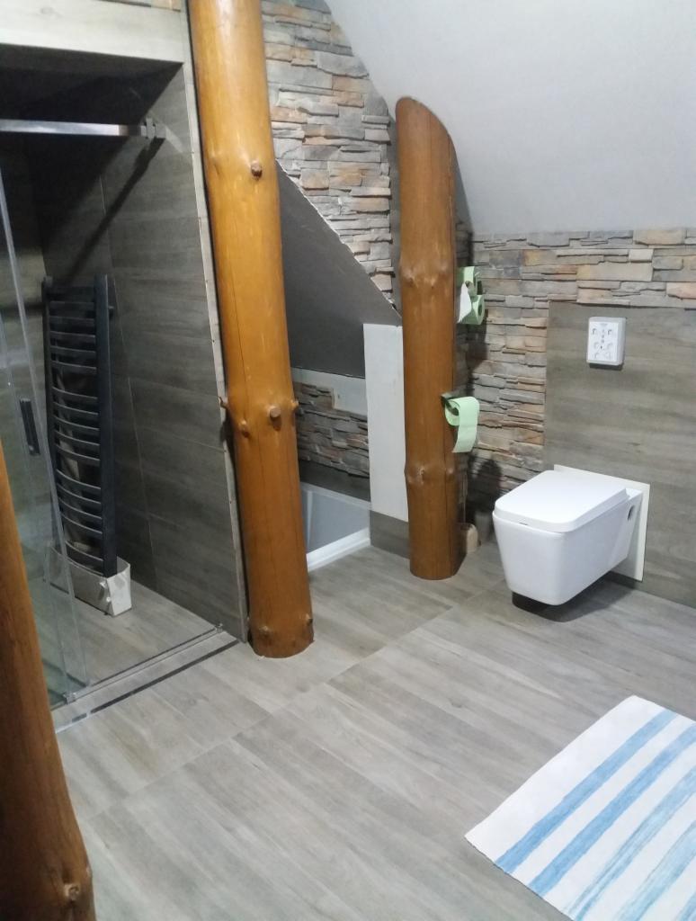 Łazienka w stylu rustykalnym: kabina prysznicowa, toaleta podwieszana i elementy drewniane w postaci dwóch słupów z pnia drzewa, wykończona płytkami imitującymi kamień.