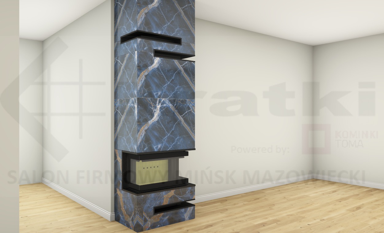 Wizualizacja nowoczesnego urządzenia grzewczego z obudową z płytek imitujących marmur, z półkami, w jasnym wnętrzu.