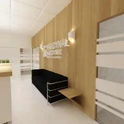 Wizualizacja wnętrza biura rachunkowego z recepcją, sofą dla klientów i logo firmy na drewnianej ścianie.