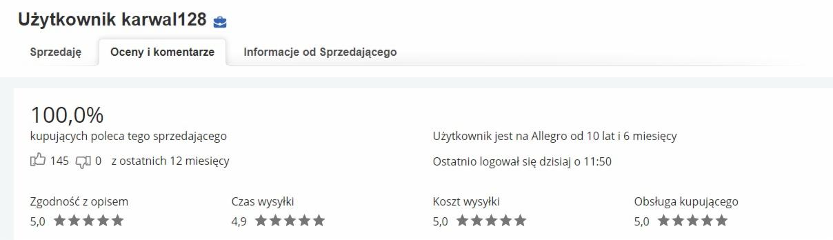 Zrzut ekranu profilu użytkownika 'karwal128' na platformie sprzedażowej, prezentujący 100% pozytywnych opinii, 145 ocen w ciągu ostatnich 12 miesięcy, 10 lat i 6 miesięcy stażu na platformie...