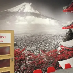 Aranżacja biura z fototapetą przedstawiającą górę Fuji i japońską pagodę, widoczna tabliczka z logo Fujitsu i napisem ROOM.