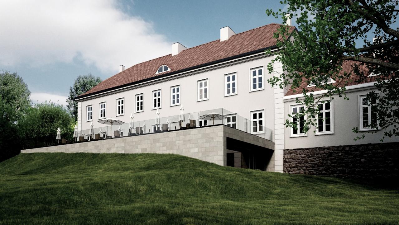 Wizualizacja budynku usługowego z tarasem i parasolami, widok z dołu na tle zielonego trawnika i błękitnego nieba.