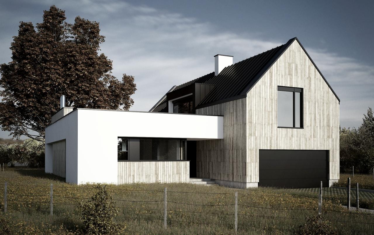 Wizualizacja nowoczesnego domu jednorodzinnego z jasną elewacją drewnianą i czarnym dachem, z garażem i białym, kubistycznym elementem architektonicznym, otoczonego trawiastym terenem z niskim...