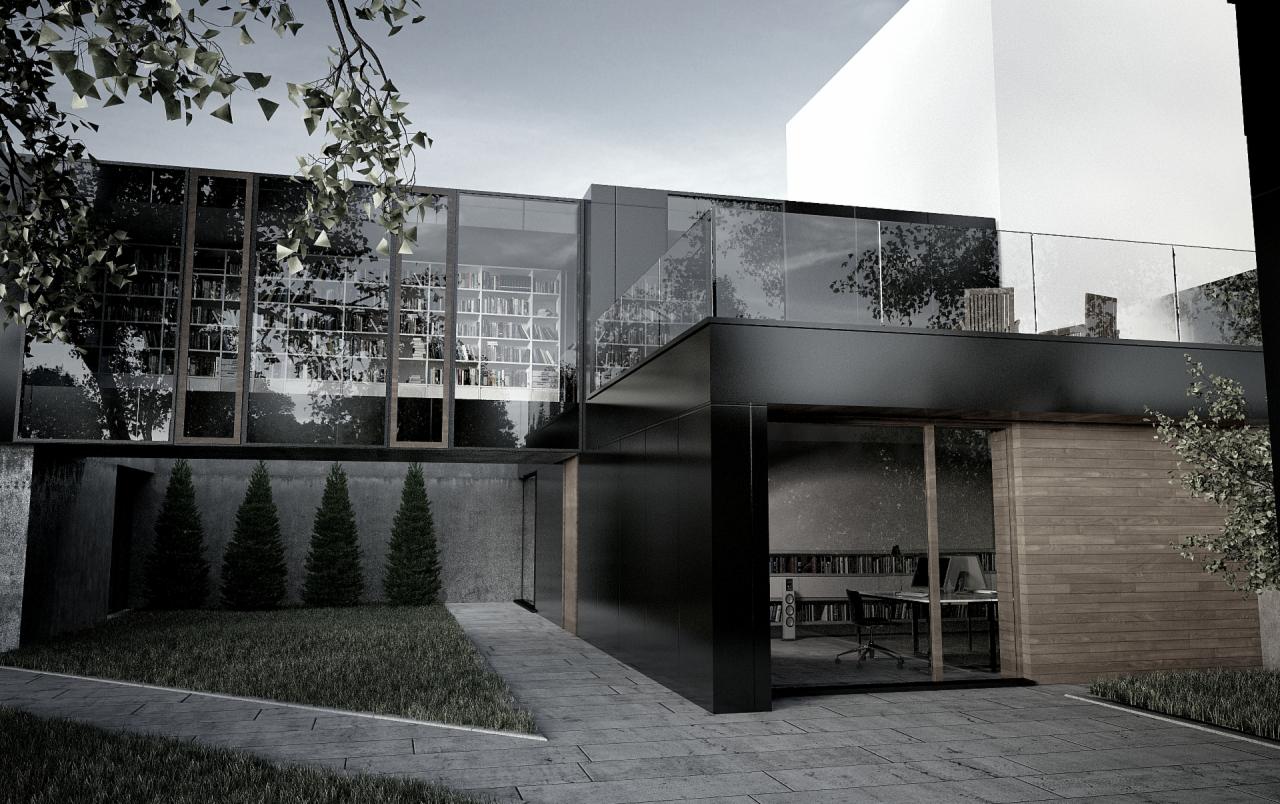 Nowoczesny budynek z przeszkloną fasadą, widoczne regały z książkami, minimalistyczny ogród z strzyżonymi drzewkami, taras na dachu z meblami ogrodowymi, stonowana kolorystyka.