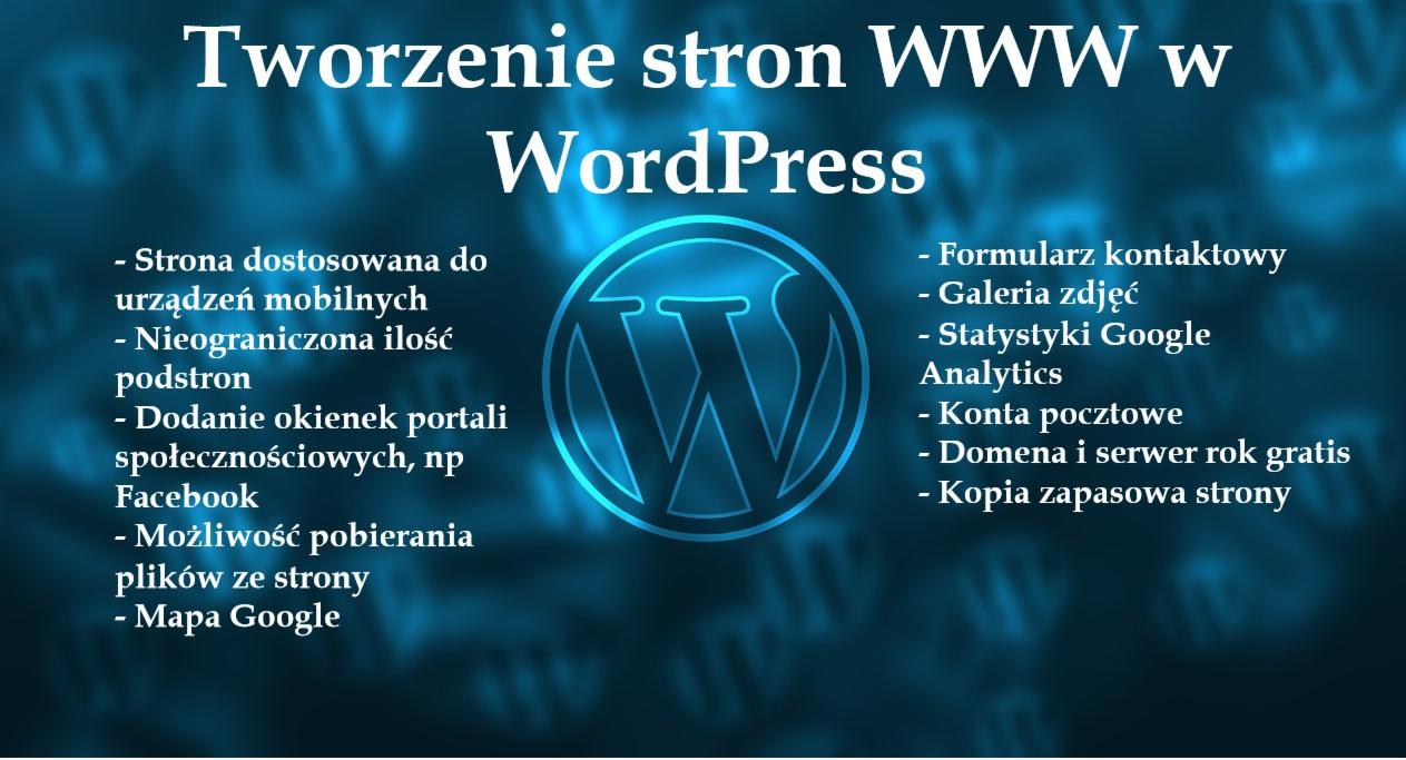 Oferta tworzenia stron internetowych w WordPress, z wyszczególnionymi funkcjonalnościami i korzyściami, takimi jak responsywność, integracja z mediami społecznościowymi i darmowa domena.