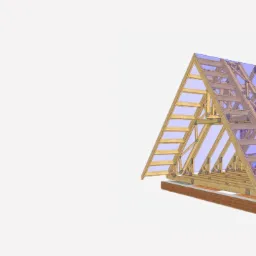 Wizualizacja 3D drewnianej konstrukcji dachu domu jednorodzinnego z kominem, widok z boku na tle białego tła.