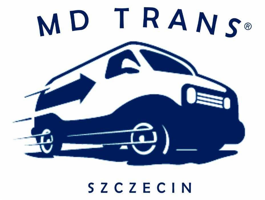Logo firmy MD TRANS ze Szczecina, przedstawiające stylizowany, dynamiczny wizerunek busa z wyraźną strzałką sugerującą kierunek jazdy.
