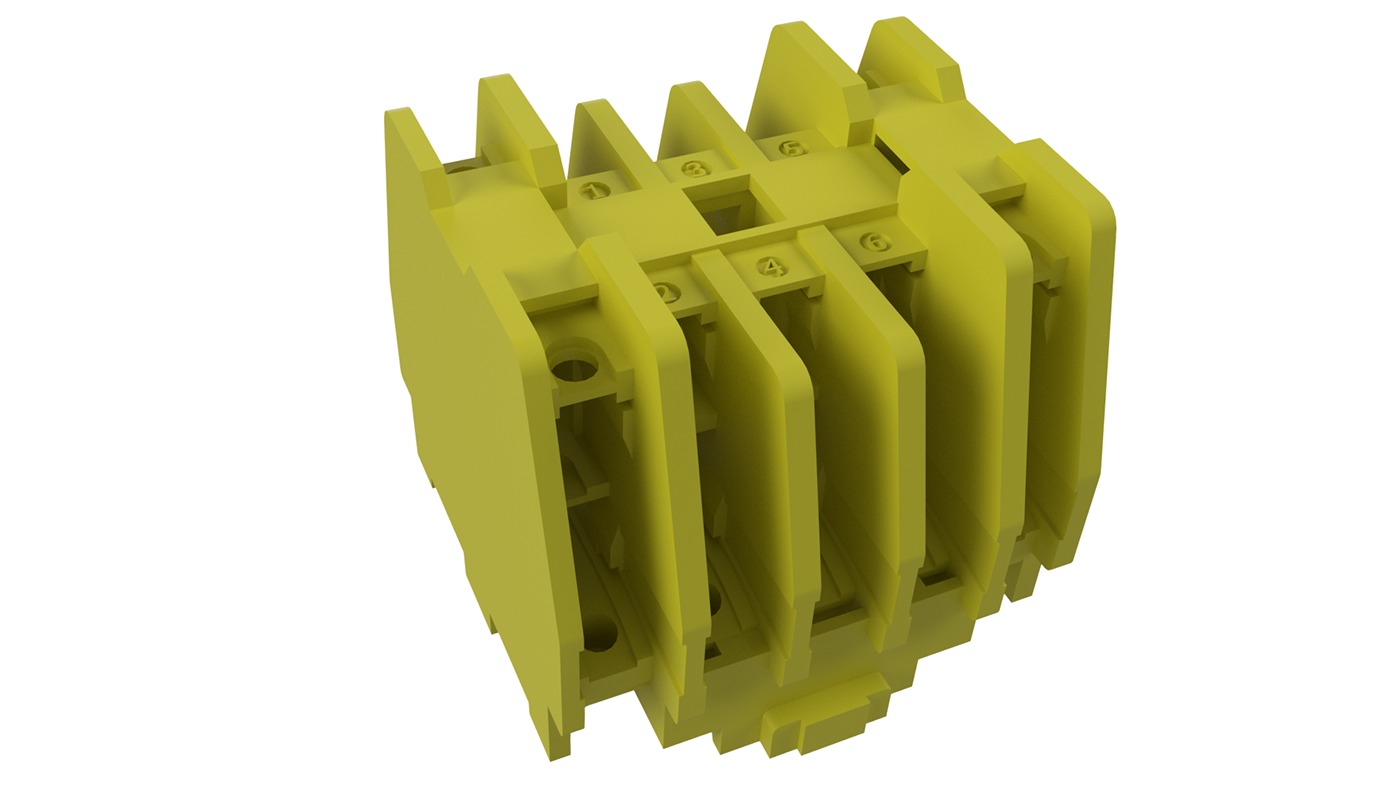 Żółty model 3D bloku zaciskowego z numerowanymi złączami, renderowany na białym tle.