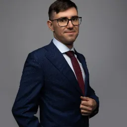 Portret mężczyzny w okularach, w granatowym garniturze i bordowym krawacie, pozującego na szarym tle. Uśmiech, pewny wzrok.