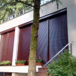 Elewacja domu z zamontowanymi brązowymi osłonami okiennymi, widoczne donice z kwiatami i drzewo na pierwszym planie.