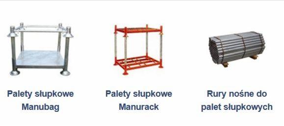 Katalogowe ujęcie trzech rodzajów metalowych palet słupkowych: Manubag (srebrna), Manurack (czerwona) oraz wiązka rur nośnych do palet słupkowych, prezentowane na białym tle.
