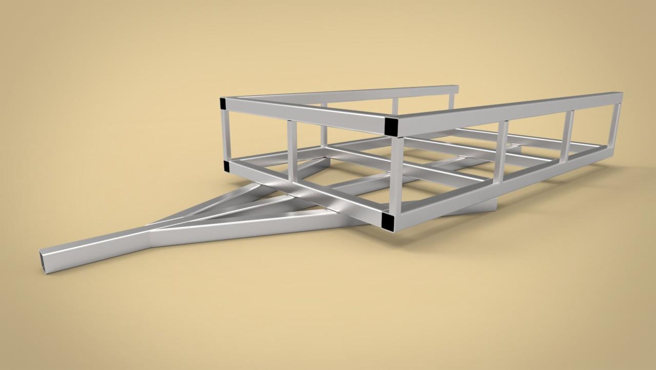 Stalowa rama przyczepy z czarnymi narożnikami, renderowana na jednolitym beżowym tle, ukazująca konstrukcję z profili zamkniętych.