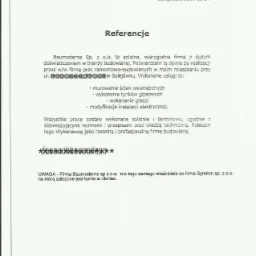 Skan dokumentu referencyjnego dla firmy budowlanej Baumoderne Sp. z o.o. z Sulejówka, potwierdzającego wykonanie prac remontowo-budowlanych w mieszkaniu, w tym murowanie ścian, tynki gipsowe...