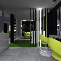 Wizualizacja wnętrza salonu usługowego: zielone fotele obrotowe, czarne pionowe przegrody z białym oświetleniem, sztuczna trawa, szara podłoga i ściany, minimalistyczny design.