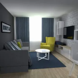 Wizualizacja salonu z szarą sofą przy ciemnej ścianie z obrazem, żółtym fotelem, białym stolikiem kawowym na niebieskim dywanie i ścianą z białej cegły z telewizorem.