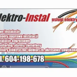 Grafika reklamowa firmy Elektro-Instal prezentująca usługi elektryczne, w tym nowe instalacje, remonty, instalacje odgromowe, monitoring, alarmy, domofony oraz pomiary elektryczne, z wyraźnie...