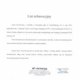 Skan listu referencyjnego dla firmy SevenComp ze Swarzędza, potwierdzający wdrożenie systemu monitoringu wizyjnego CCTV w hali produkcyjnej Inteva w Jasinie.