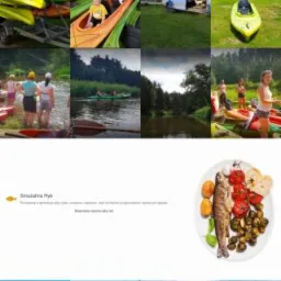 Strona internetowa firmy oferującej spływy kajakowe, z nagłówkiem 'Spływ Wartą', zdjęciem kajaka na wodzie oraz galerii zdjęć z wycieczek i posiłków.