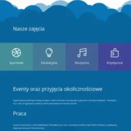 Layout strony internetowej przedszkola z ilustracjami dzieci w skoku na tle nieba i chmur, menu górne, sekcje z ikonami zajęć, mapa Polski z zaznaczonymi lokalizacjami.