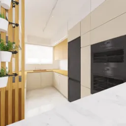 Wizualizacja nowoczesnej kuchni z drewnianą ścianką działową z doniczkami, jasnymi szafkami, czarną lodówką i piekarnikiem.