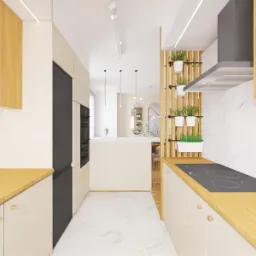 Jasna kuchnia z drewnianymi akcentami, marmurową podłogą i pionowym ogrodem ziołowym, minimalistyczny design z czarną lodówką w zabudowie.
