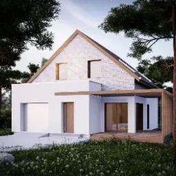 Wizualizacja nowoczesnego domu jednorodzinnego z białymi ścianami i dachem z białej cegły, otoczonego drzewami i kwitnącą łąką, z widocznym zadaszeniem tarasu z drewnianymi lamelami.
