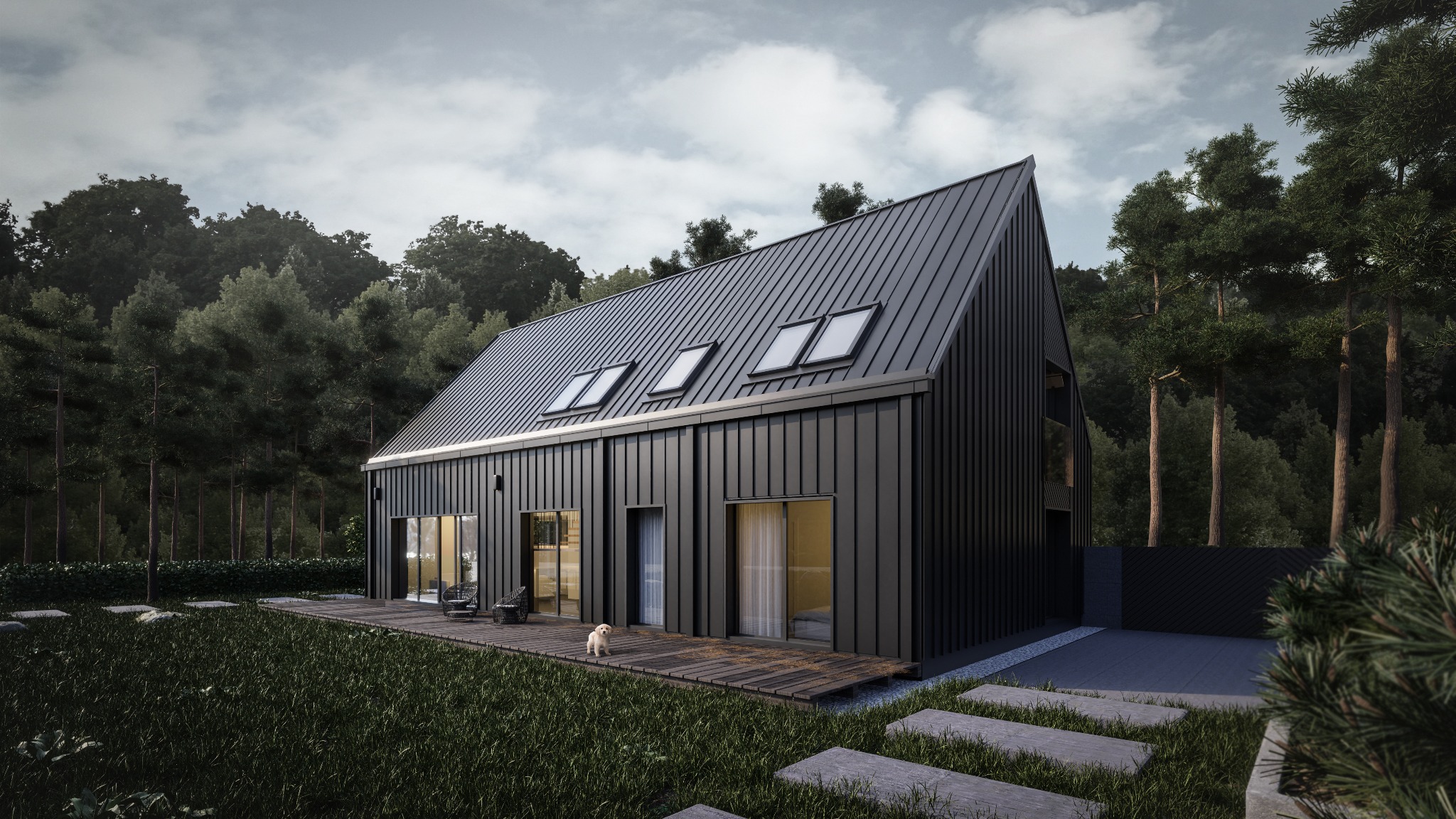 Czarny, nowoczesny dom jednorodzinny z metalowym dachem i trzema oknami dachowymi, otoczony zielenią i lasem, z małym psem na drewnianym tarasie.