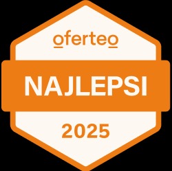 Pomarańczowa odznaka Oferteo z napisem 'NAJLEPSI 2025' w białym obramowaniu.