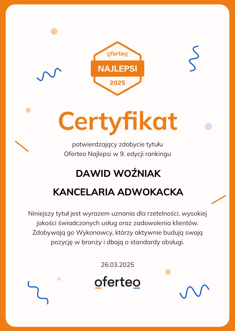 Certyfikat Oferteo Najlepsi 2025 dla Kancelarii Adwokackiej Dawida Woźniaka, potwierdzający wysoką jakość świadczonych usług i zadowolenie klientów.