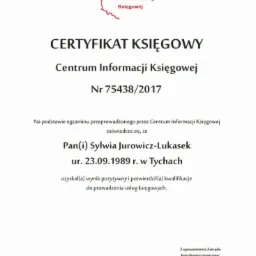 Skan certyfikatu księgowego Centrum Informacji Księgowej z numerem 75438/2017 wydanego dla Sylwii Jurowicz-Lukasek, potwierdzający kwalifikacje do prowadzenia usług księgowych.