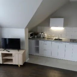 Aneks kuchenny w mieszkaniu na poddaszu ze skośnym sufitem, białe szafki z szarym blatem, płyta grzewcza, zlew, mikrofalówka, czajnik, suszarka do naczyń, szafka RTV z telewizorem i storczykiem.