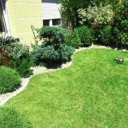 Utrzymany trawnik z dekoracyjnymi kulami i obrzeżem z białego kamienia, przylegający do rabat z różnorodną roślinnością i żółtej ściany budynku.