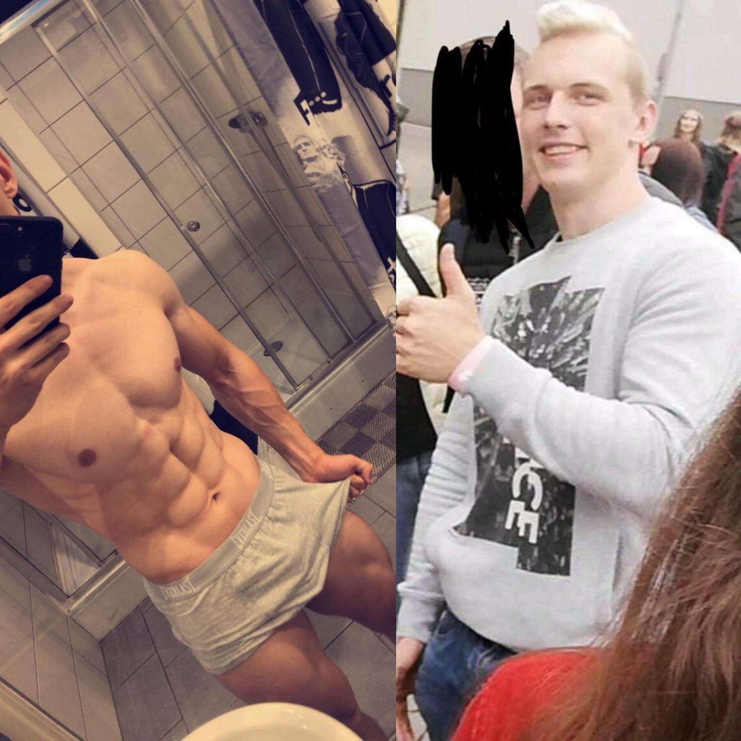 Mężczyzna prezentuje wyrzeźbiony brzuch, robiąc selfie w łazience; obok mężczyzna w bluzie z kciukiem w górę.