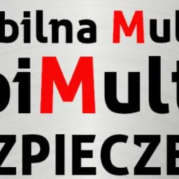 Logo firmy MobiMulti.pl, mobilnej multiagencji ubezpieczeniowej, z nazwą i adresem strony internetowej na szczotkowanym srebrnym tle.