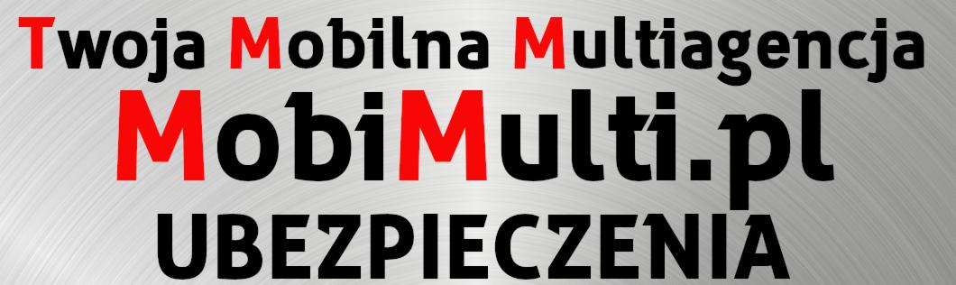 Logo firmy MobiMulti.pl, mobilnej multiagencji ubezpieczeniowej, z nazwą i adresem strony internetowej na szczotkowanym srebrnym tle.