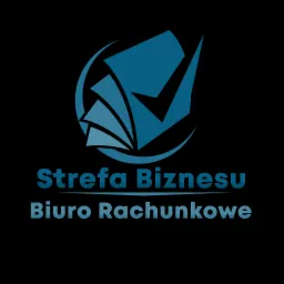 Logo firmy Strefa Biznesu Biuro Rachunkowe w odcieniach niebieskiego na czarnym tle, z abstrakcyjnym symbolem dokumentów i zaznaczenia w okręgu.