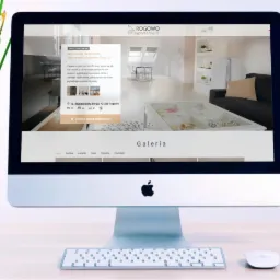 Monitor iMac wyświetlający stronę internetową z ofertą apartamentu w Rogowie, obok doniczka z żółtymi kwiatami i klawiatura Apple.