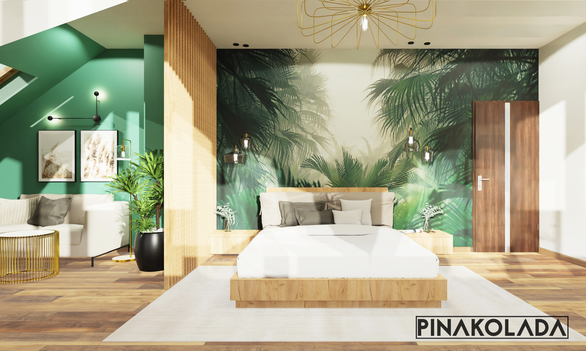 Wizualizacja sypialni z łóżkiem na drewnianej platformie, tapetą z motywem tropikalnym i złotą lampą wiszącą, widok na salon z zieloną ścianą i roślinami doniczkowymi.