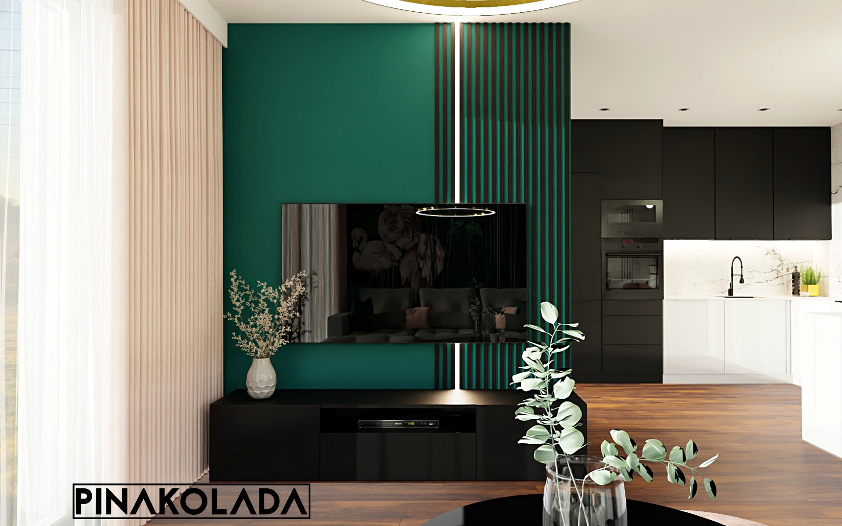 Wizualizacja salonu z zieloną ścianą, telewizorem i dekoracjami, widok na otwartą kuchnię z białymi szafkami i drewnianą podłogą.