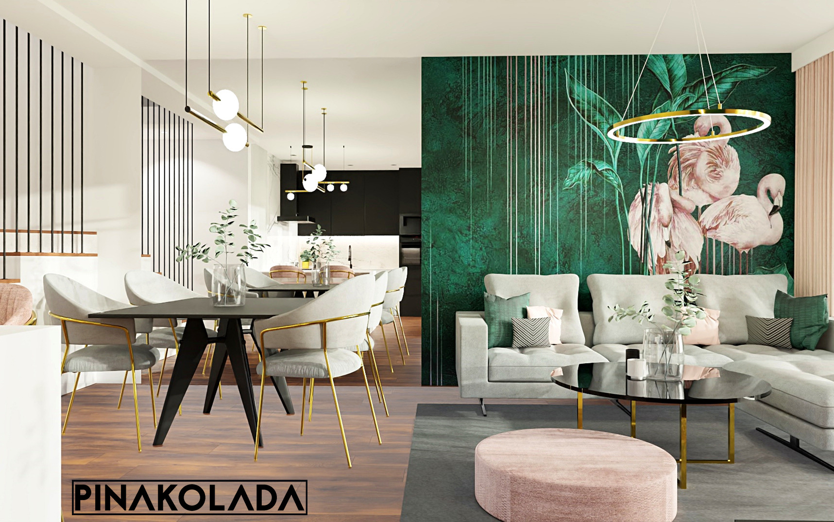 Nowoczesne wnętrze mieszkania z jadalnią i salonem, czarny stół z krzesłami z złotymi nogami, szara sofa z poduszkami, zielona tapeta z motywem flamingów, okrągła lampa wisząca i drewniana podłoga.