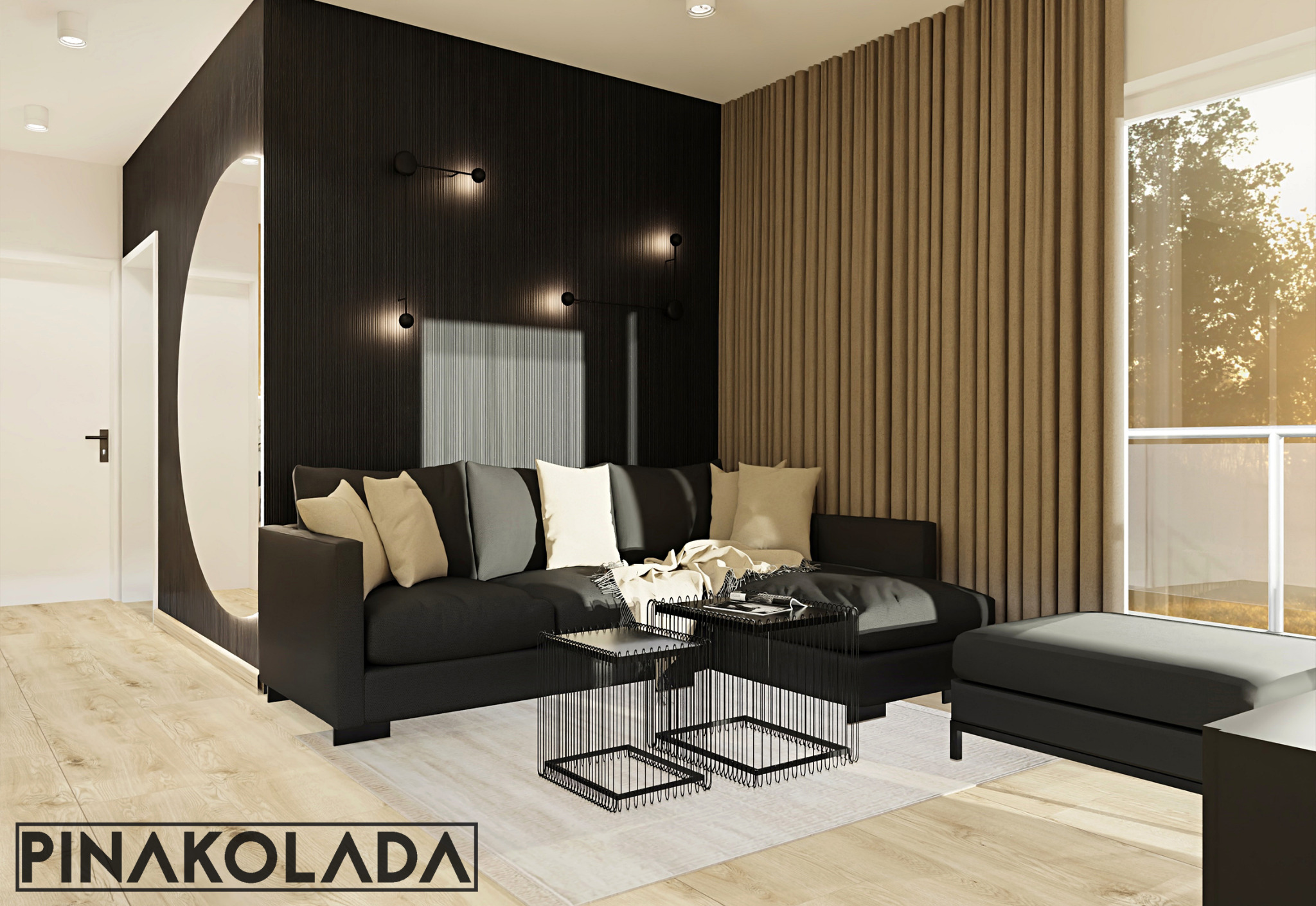 Nowoczesny salon z czarną sofą, stolikami kawowymi z metalową konstrukcją, drewnianą podłogą i oknem z widokiem na drzewa w słoneczny dzień.