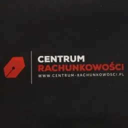Logo firmy 'Centrum Rachunkowości' na ciemnym tle, z ikoną stylizowanego pióra w kolorze czerwonym i adresem strony internetowej.