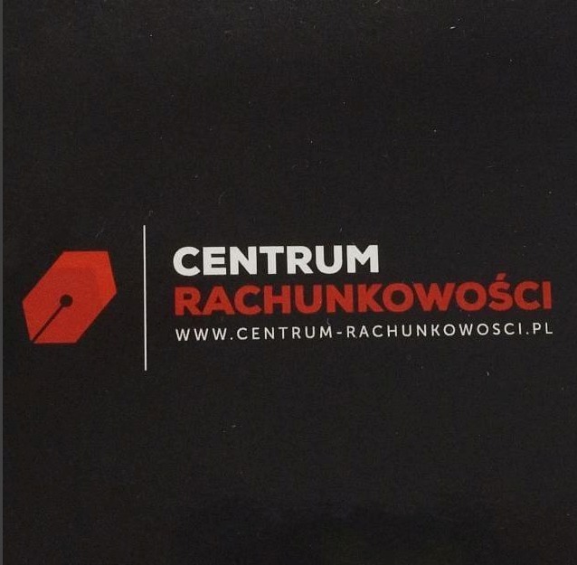 Logo firmy 'Centrum Rachunkowości' na ciemnym tle, z ikoną stylizowanego pióra w kolorze czerwonym i adresem strony internetowej.