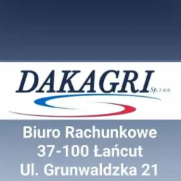 Logo firmy DAKAGRI Sp. z o.o. z adresem biura rachunkowego w Łańcucie i numerem telefonu.