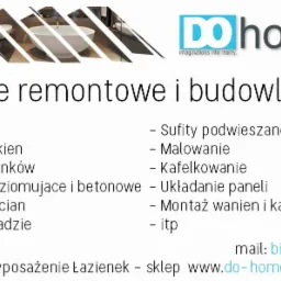 Folder reklamowy firmy budowlanej DO Home z wizualizacją łazienki i listą oferowanych usług remontowych.