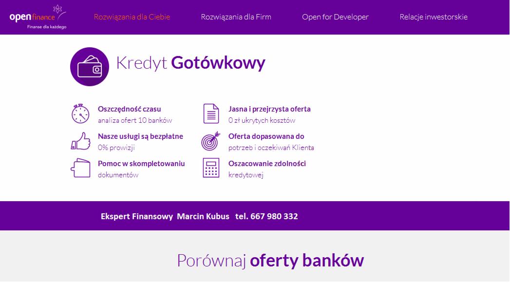 Grafika reklamowa z fioletowymi ikonami i tekstem informującym o oszczędności czasu, jasnej ofercie, dopasowaniu do potrzeb klienta i oszacowaniu zdolności kredytowej, promująca porównanie ofert...