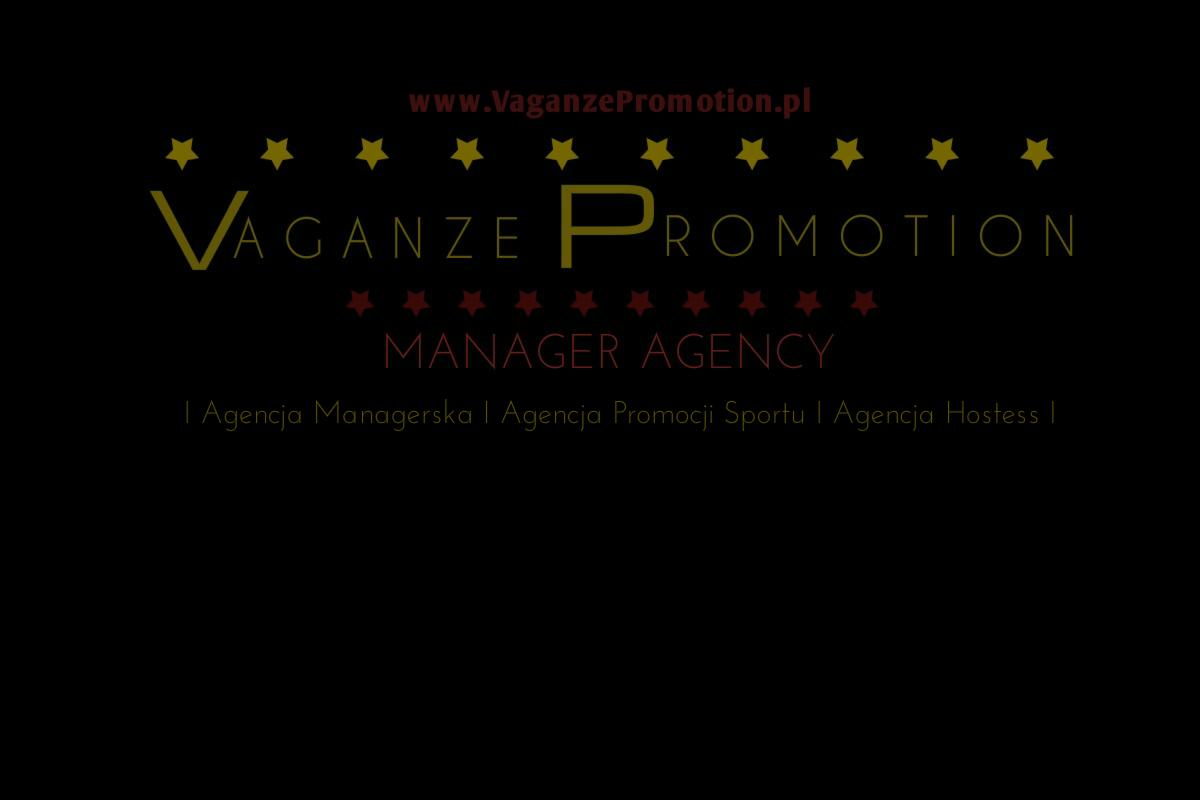 Logo VaganzePromotion, agencji managerskiej, promocji sportu i hostess, z gwiazdami nad i pod nazwą, na czarnym tle.