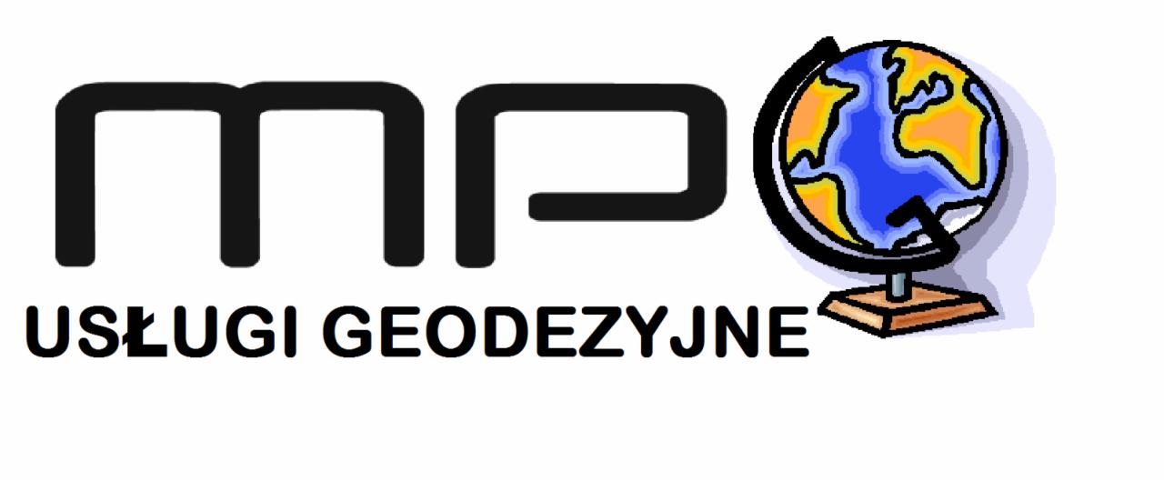 Logo firmy MP Usługi Geodezyjne z stylizowanymi literami MP oraz globusem w prawym górnym rogu.