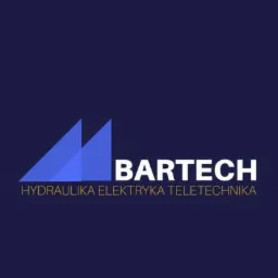 Logo firmy BARTECH z niebieskim symbolem dwóch trójkątów i tekstem HYDRAULIKA ELEKTRYKA TELETECHNIKA na granatowym tle.
